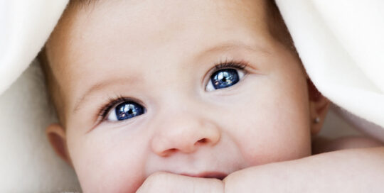 Ein Baby schaut unter einer Decke vor. Seine blauen Augen strahlen.