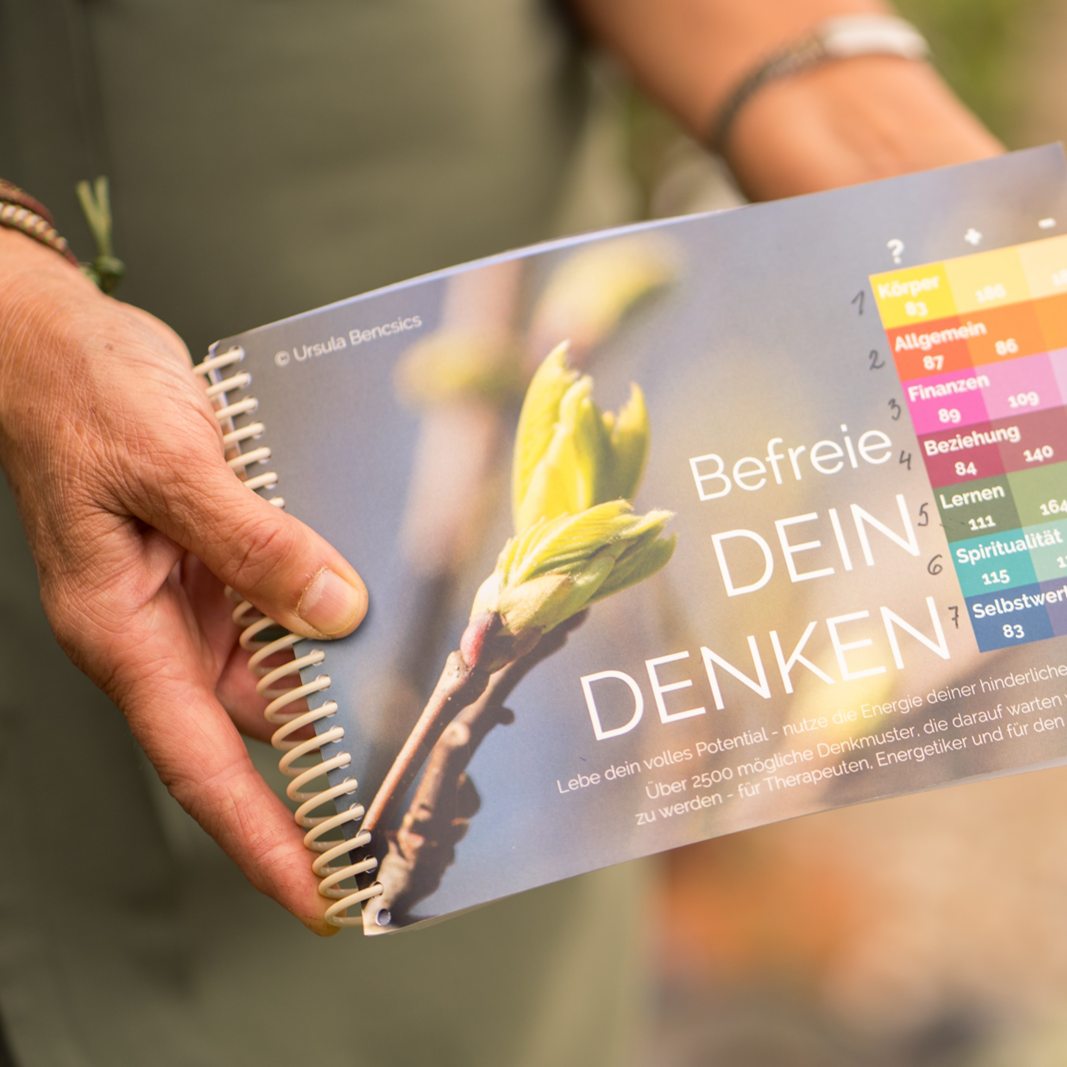 Zei Haende halten ein Buch mit dem Titel: Befreie dein Denken mit kinesiologischen Methoden.
